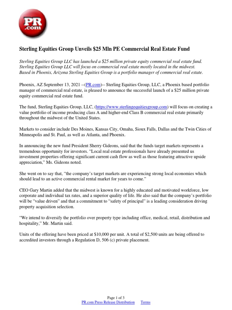 Sterling Equities Group Unveils 25 MLN PE Commercial Real Estate Fund PDF Commercial