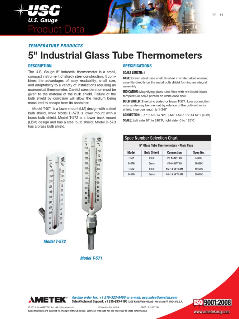 5 Inch Industrial Glass Tube Thermometers PDF Brass Thermometer