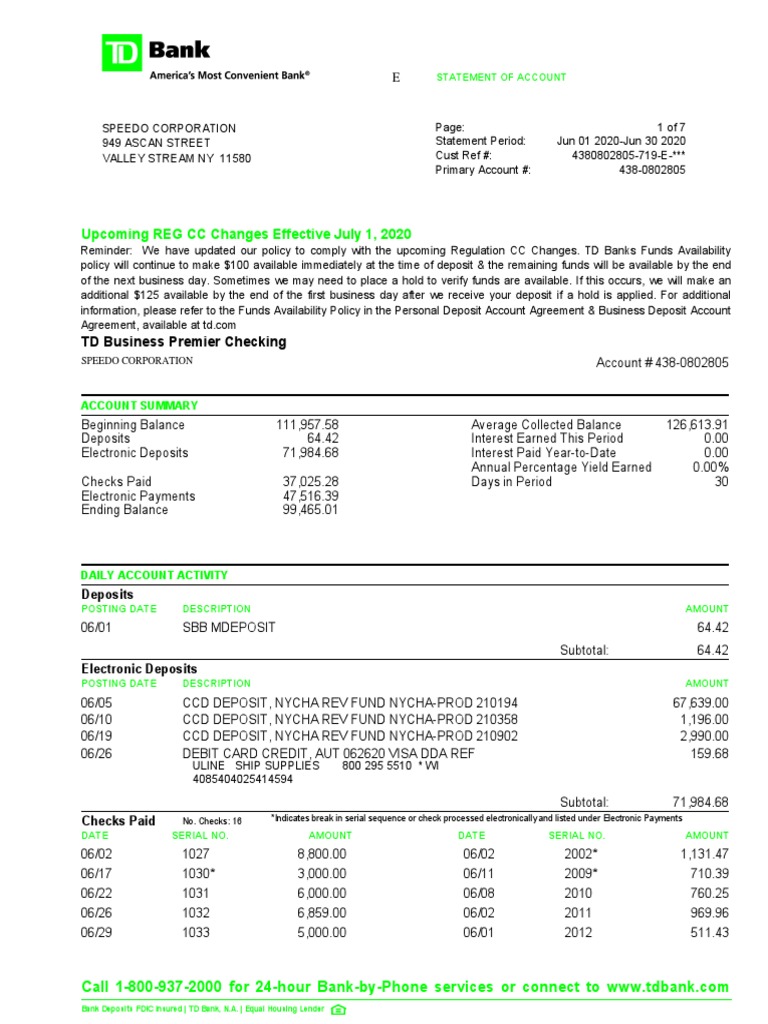 REG CC Changes Effective July 1, 2020 TD Business Premier