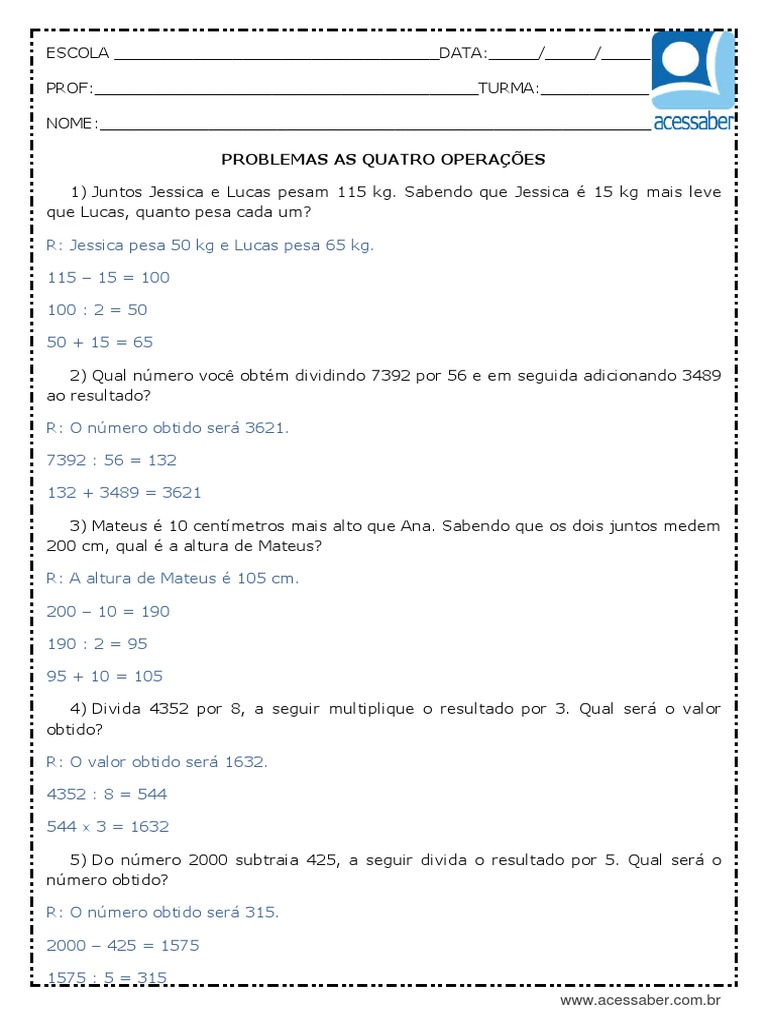 Atividade de Matematica Problemas As Quatro Operacoes 5 Ano Respostas | PDF