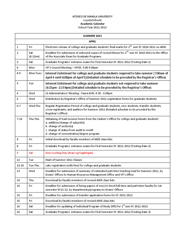 Academic Calendar SY20112012 (Ateneo) PDF Academic Term Graduate
