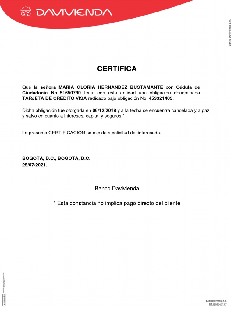 Certificación de Paz y Salvo Davivienda | PDF