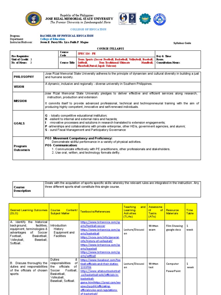Team Sports Syllabus for BPEd Program | PDF | Test (Assessment) | Lecture