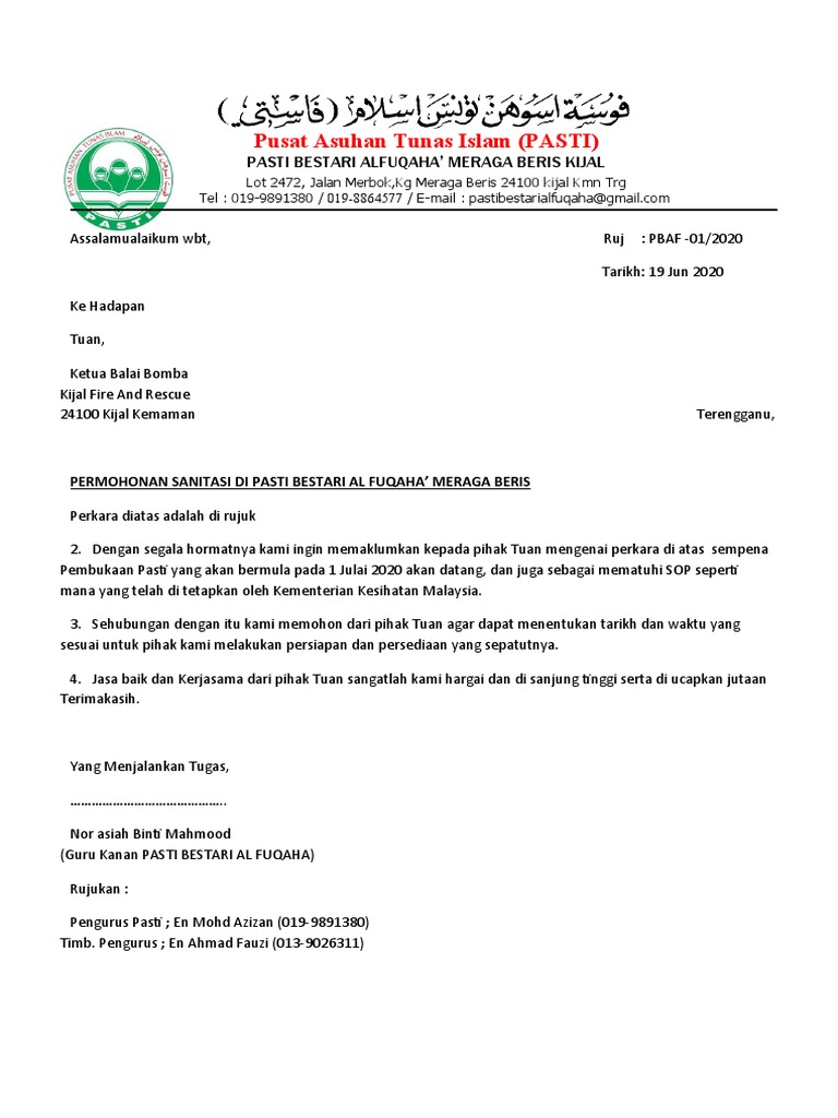 Contoh Surat Permohonan Bomba Brisa Travis