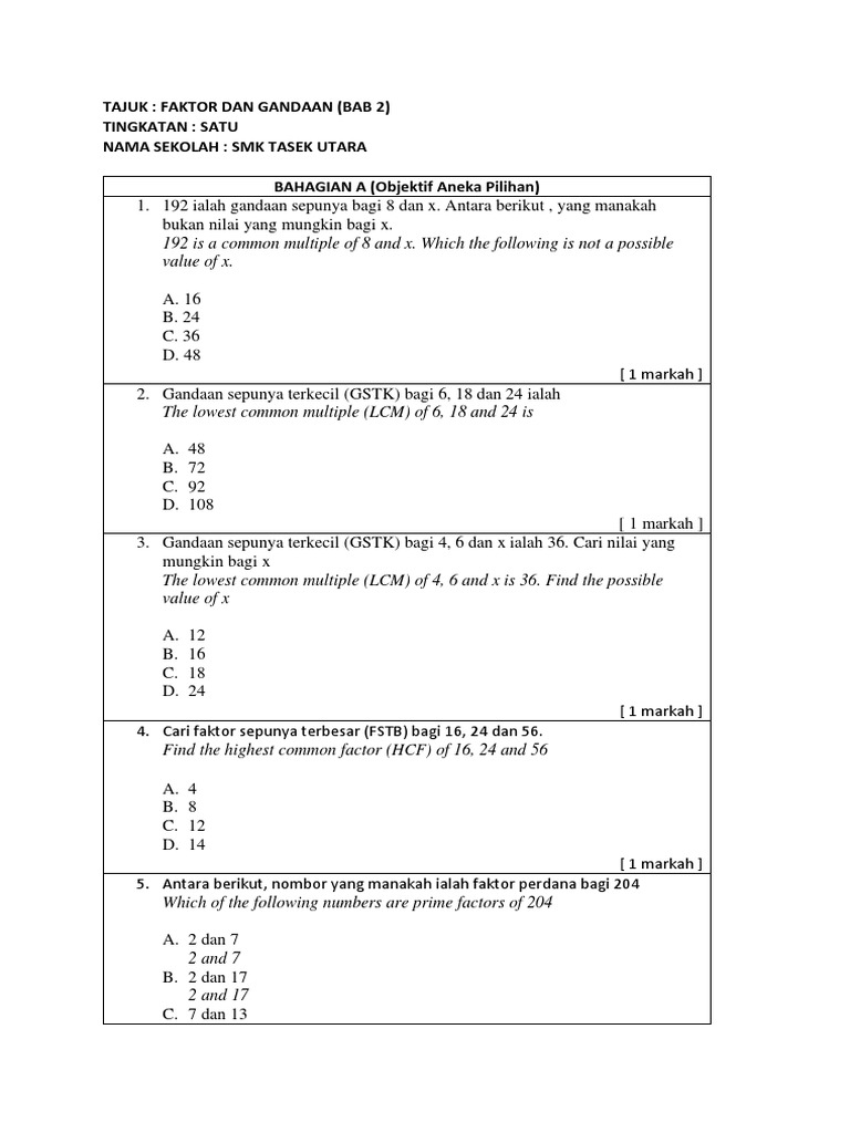 Latihan Bab 2 T1 Kssm Faktor Dan Gandaan Pdf