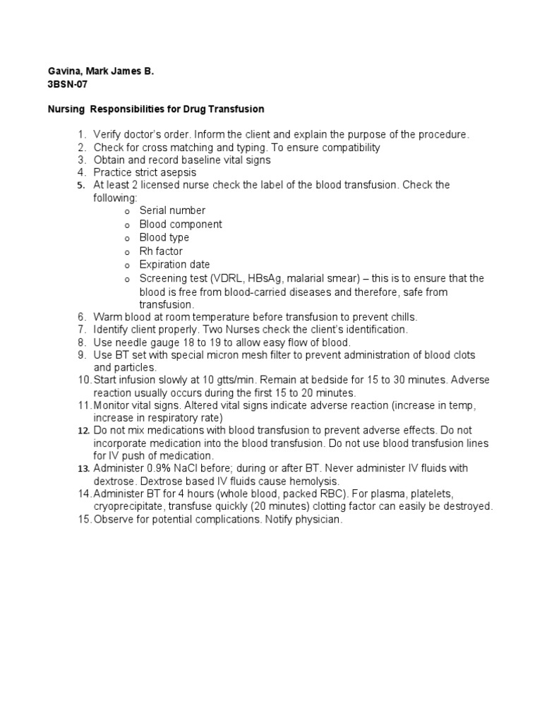 Nursing Guidelines for Blood Transfusion | PDF | Science & Mathematics