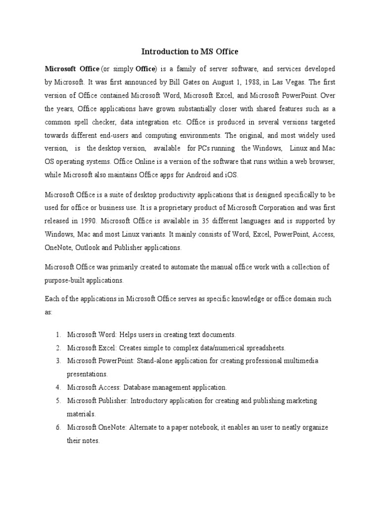 Introduction To MS Office PDF Microsoft Office Application Software