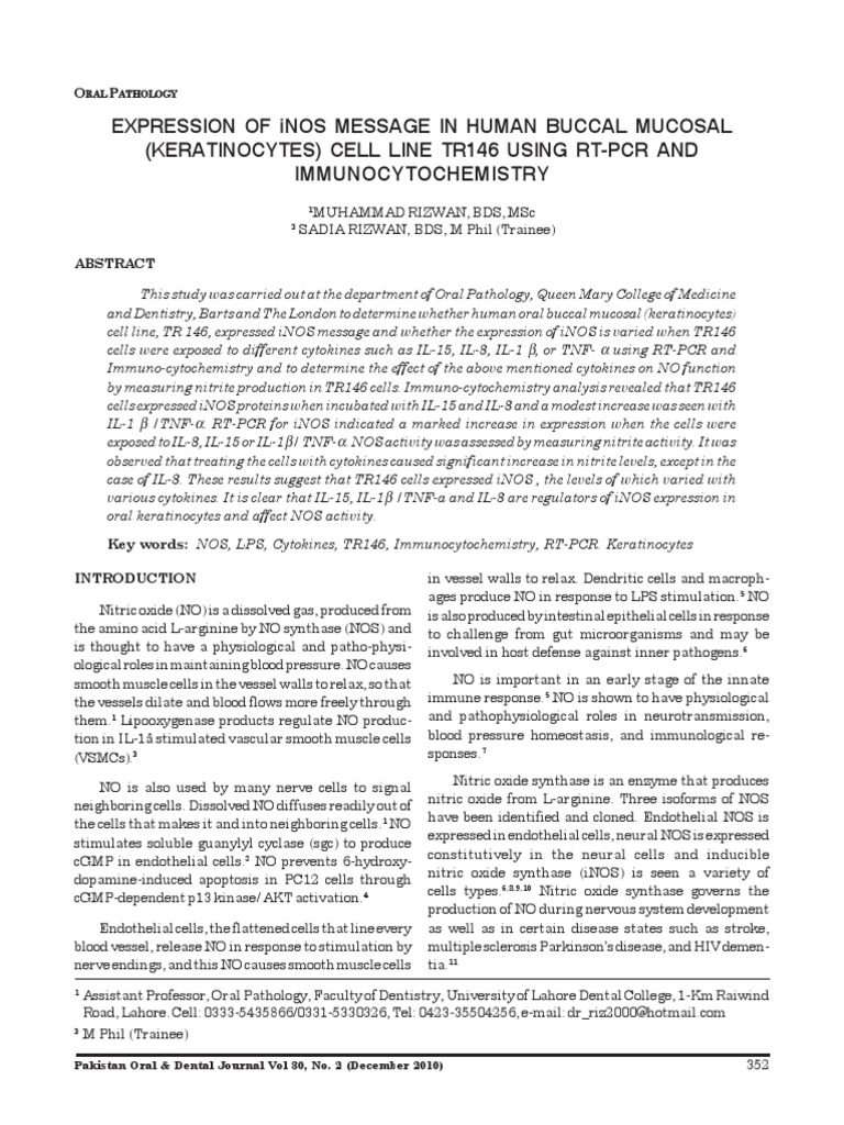 Expression of iNOS in Oral Mucosal Cells by RT-PCR AND ...