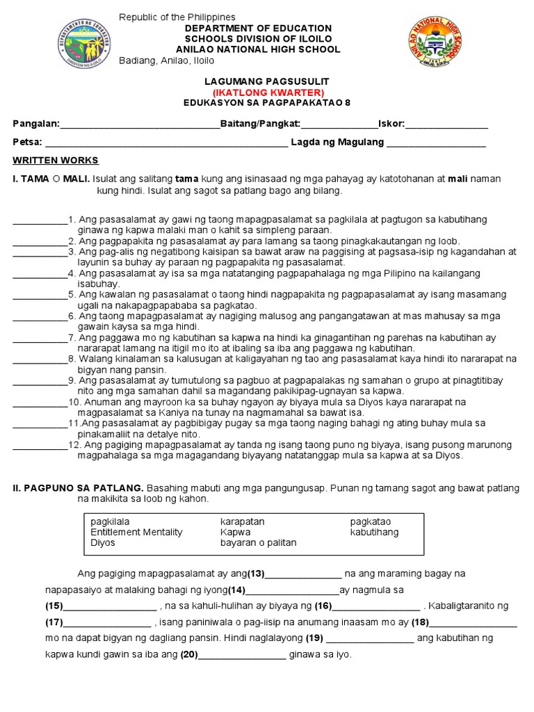 Summative Test in ESP Quarter3 | PDF
