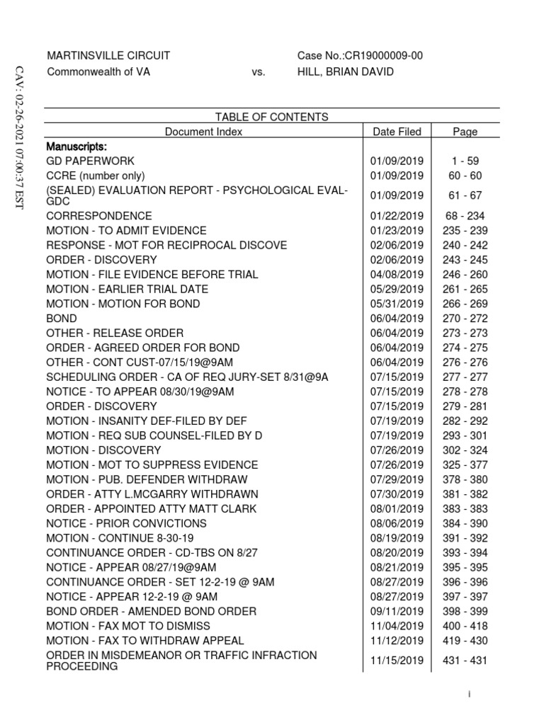 Court Orders For Discovery Material From Commonwealth of VA v. Hill