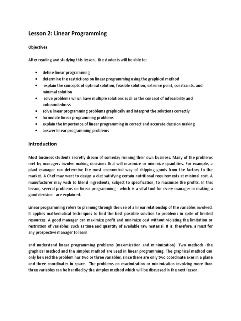 Lesson 2: Linear Programming: Objectives | Download Free PDF | Linear ...