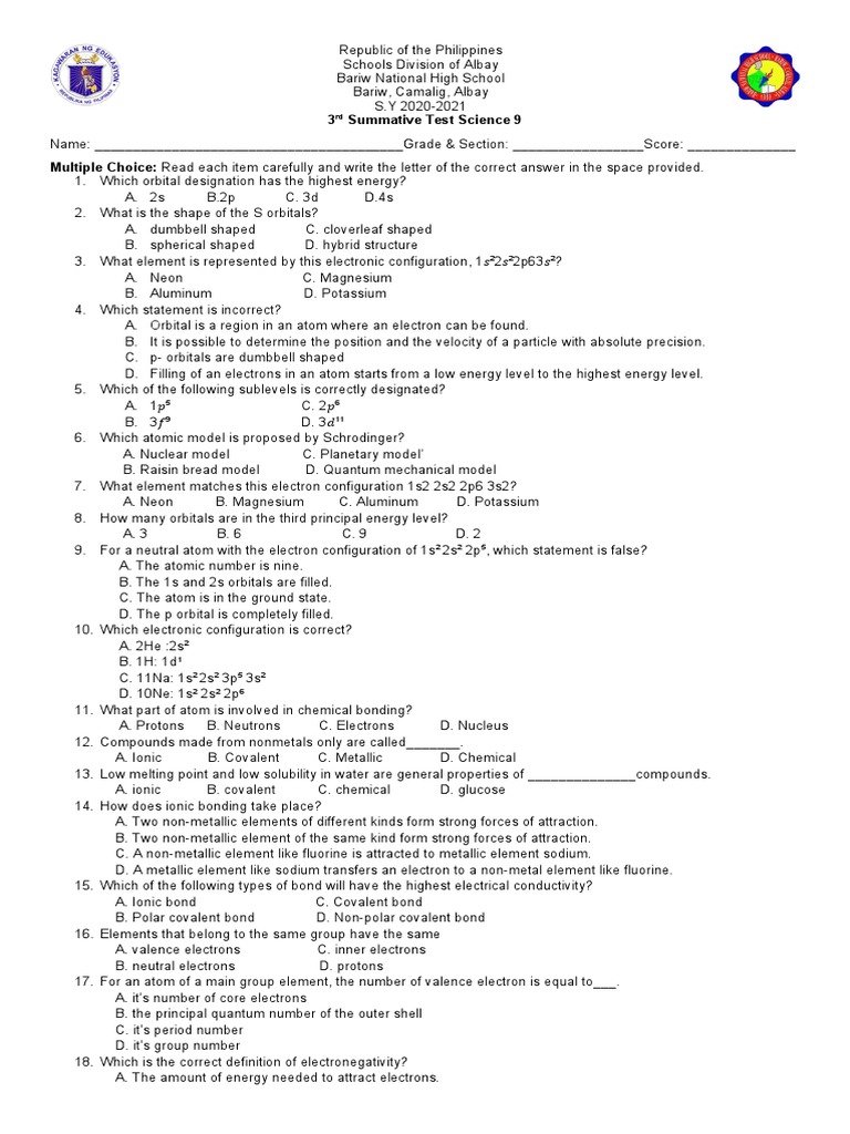 3rd Summative Test Science 9 | PDF | Chemical Bond | Chemical Compounds