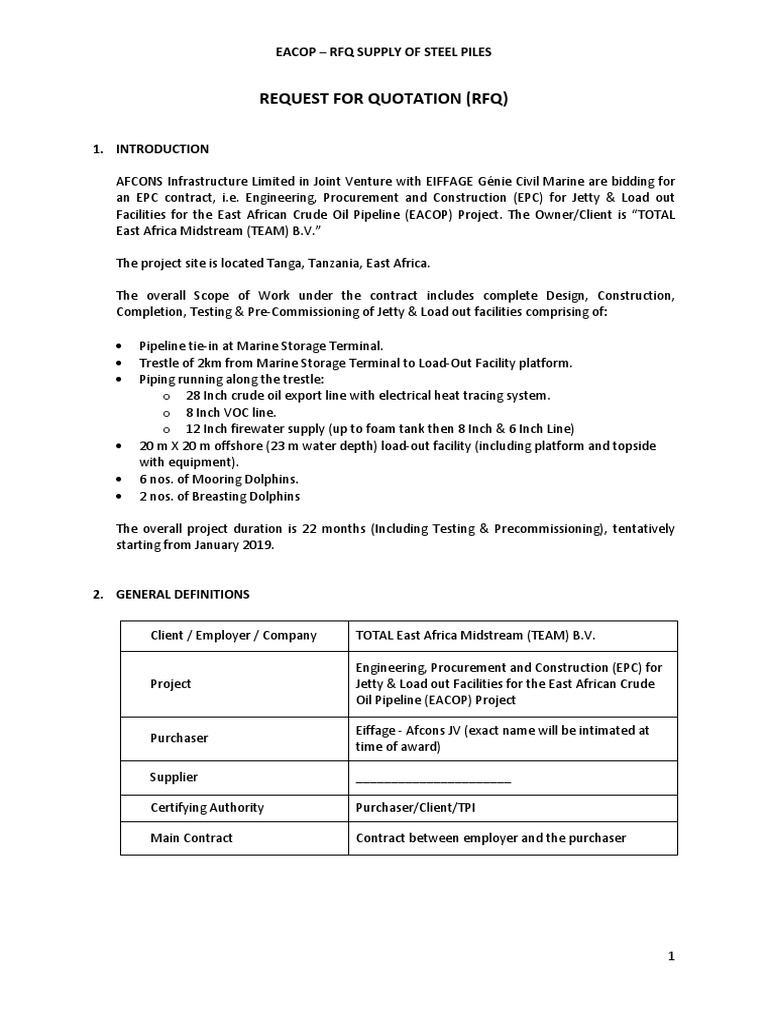 Request For Quotation (RFQ) : Eacop - RFQ Supply of Steel Piles | PDF
