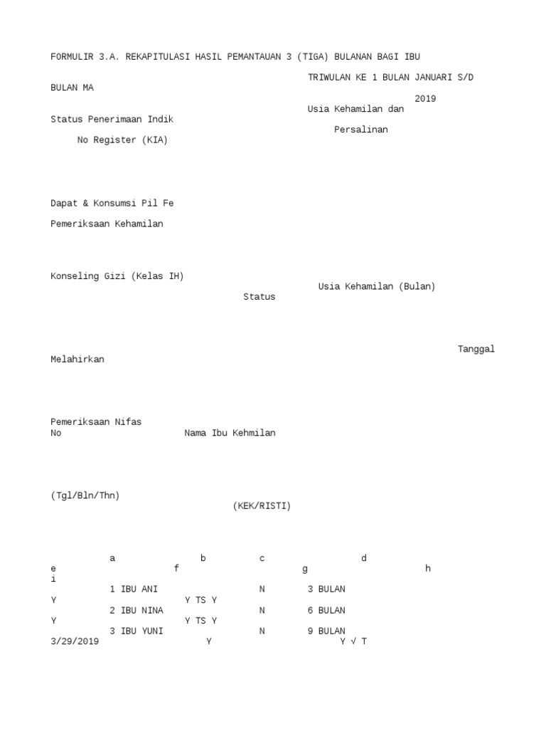Formulir 3 A Rekapitulasi Hasil Pemantauan 3 Tiga Bulanan Bagi Ibu ...