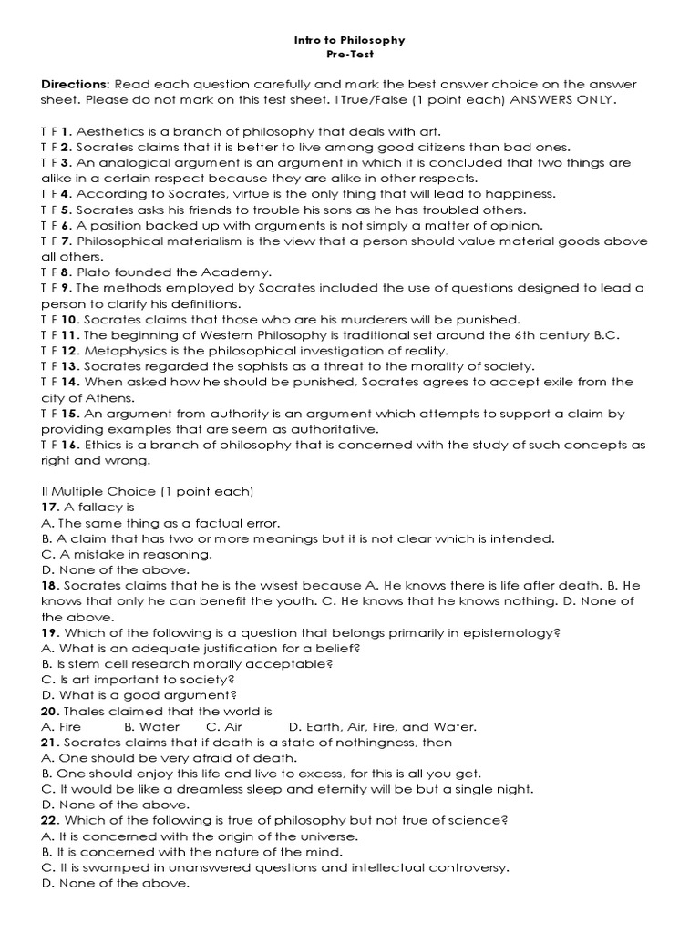 Grade 12 Philosophy Pre-Test | PDF | Socrates | Argument