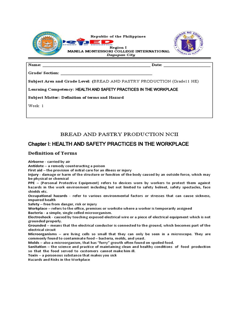 Bread and Pastry Production Ncii Chapter I Health and Safety Practices