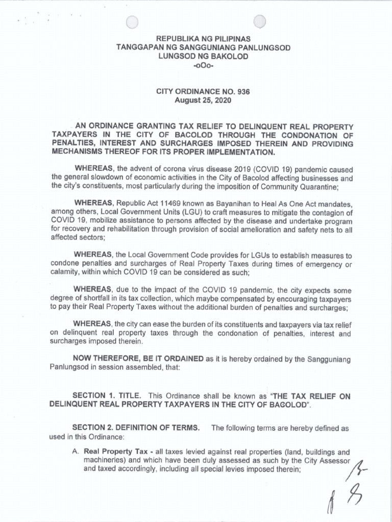 C.O. 936, S. 2020 Tax Relief On Delinquent Real Property Taxpayers in