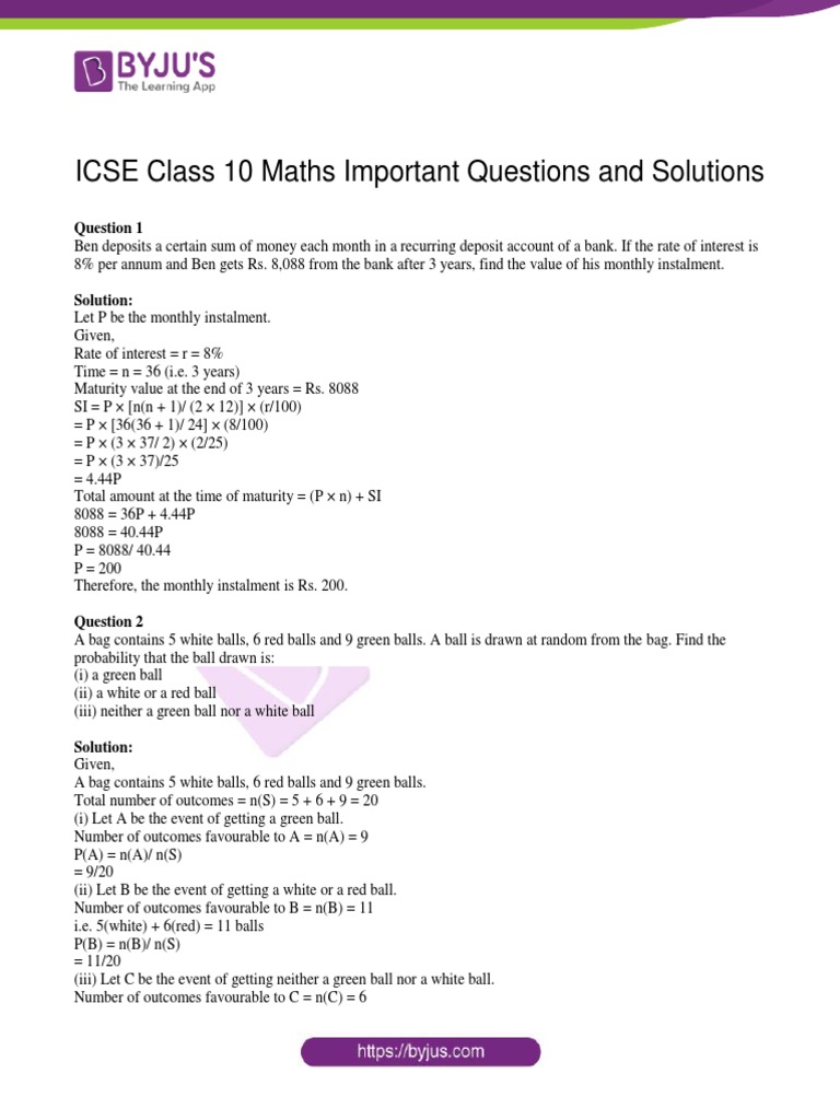 ICSE Class 10 Maths Key Questions | PDF | Sheet Metal | Quartile