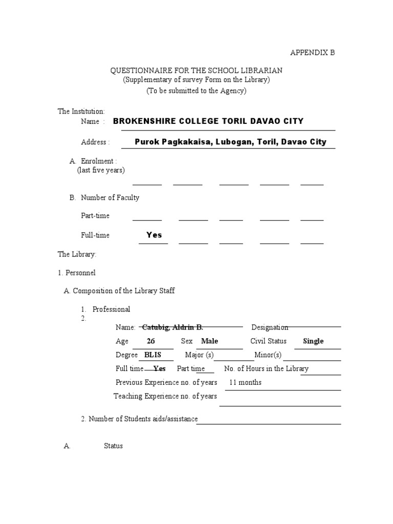 School Librarian Questionnaire Form | PDF | Libraries | Schools