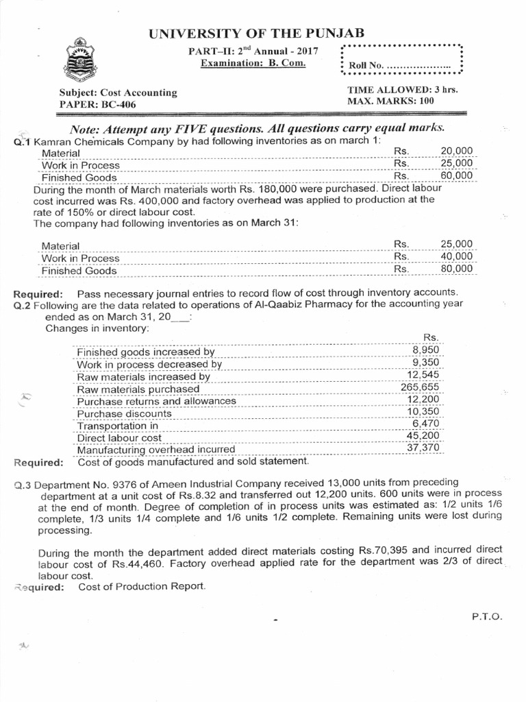 Cost Accounting Exam Paper 2017 | PDF | Inventory | Management Accounting