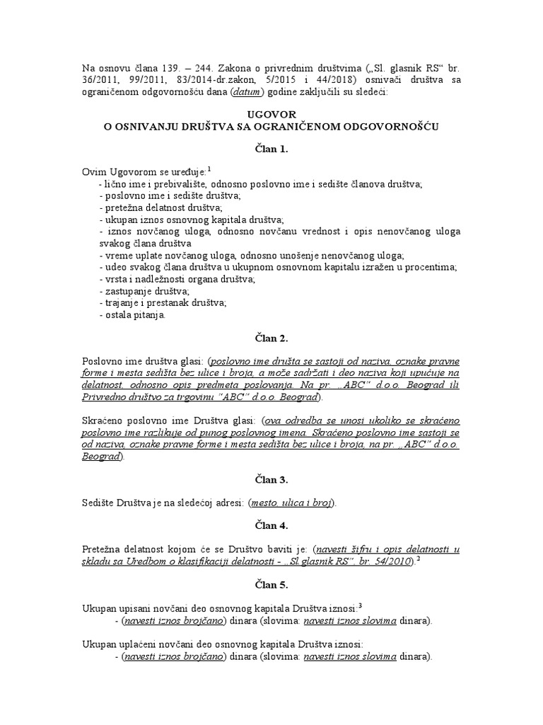 Ugovor o Osnivanju Jednočlanog Doo | PDF