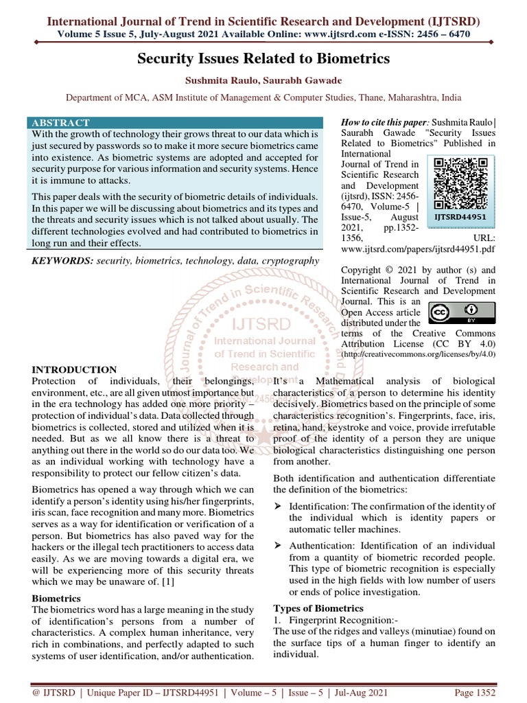 Security Issues Related To Biometrics PDF Biometrics Authentication
