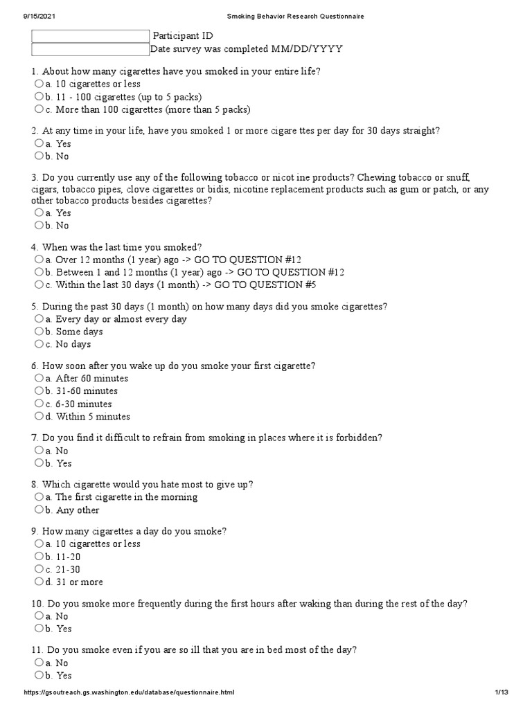 Smoking Behavior Research Questionnaire PDF Tobacco Smoking Addiction