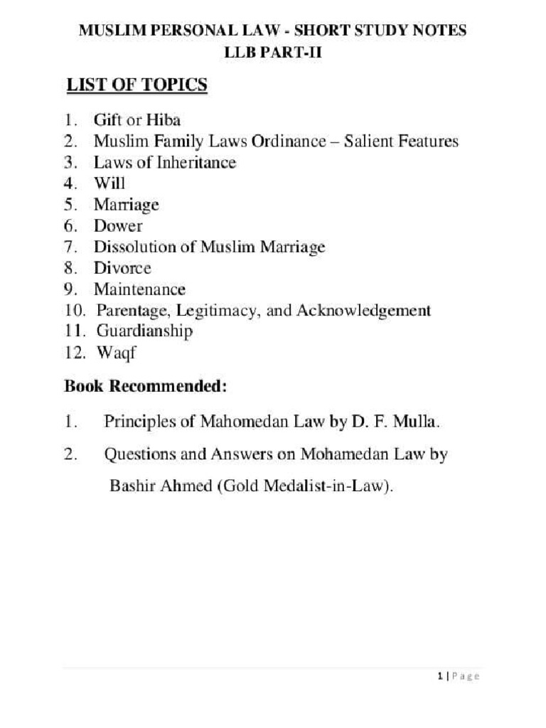 LLB Part 2 Notes Muslim Law | PDF