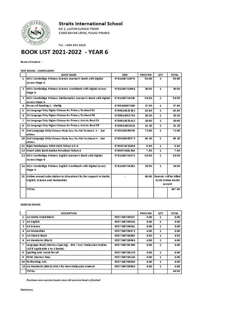 SIS Penang Year 6 Book List 2021-2022 | PDF | Textbook | Communication