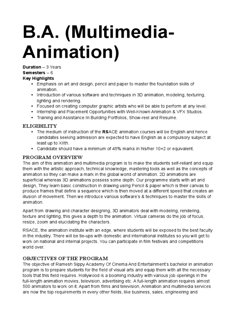 B.A. Multimedia-Animation Course | PDF | 3 D Computer Graphics | Animation