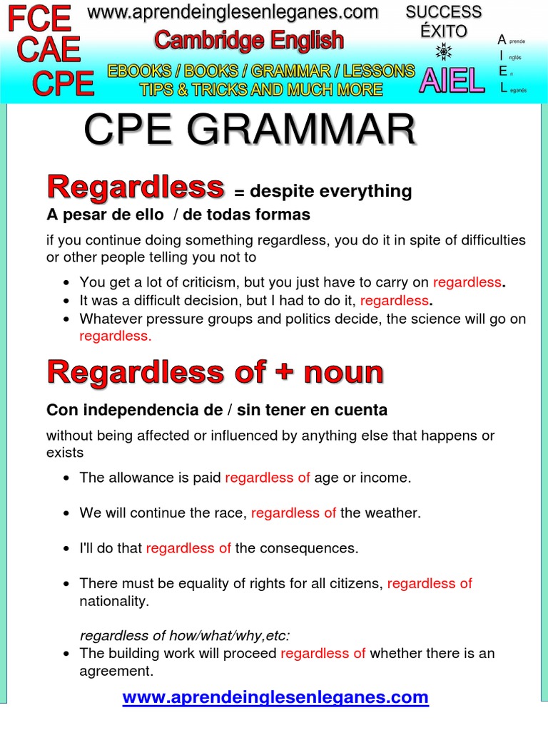 Regardless Vs Regardless of ... CPE Grammar | PDF