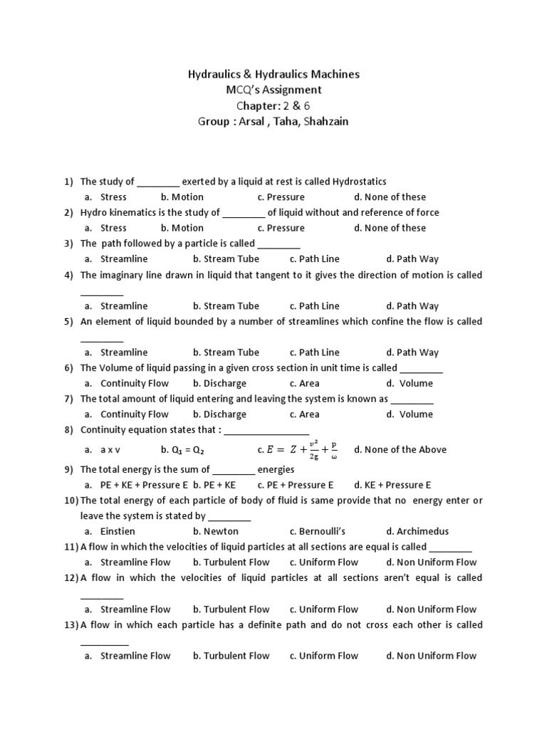 Hydraulics & Hydraulics Machines MCQ's Assignment Chapter 2 & 6 Group Arsal, Taha, Shahzain