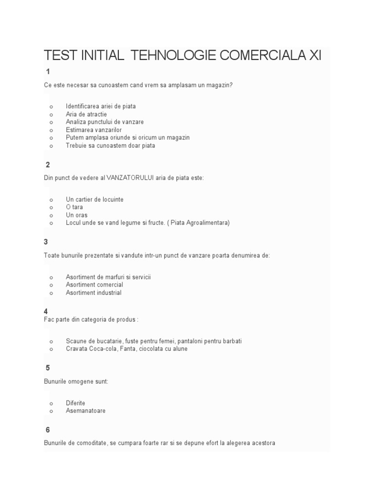 Test Initial Tehnologie Comerciala Xi P | PDF