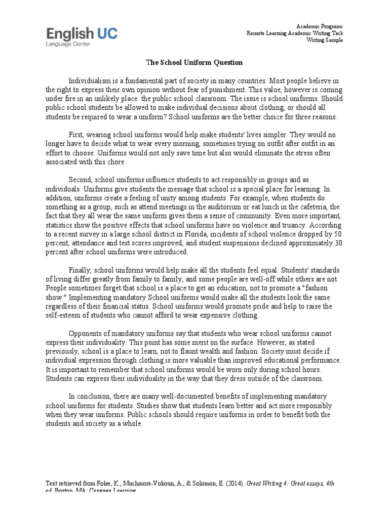 FOR STUDENTS Writing Sample The School Uniform Question PDF