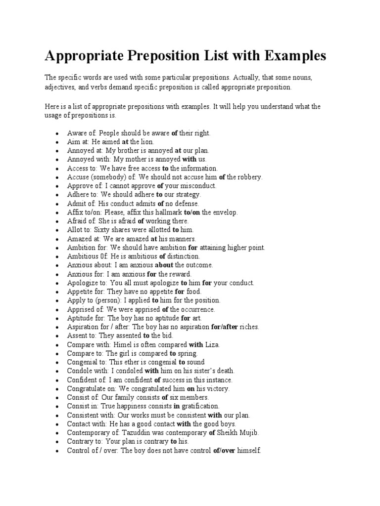 Appropriate Preposition List With Examples | PDF | Preposition And ...