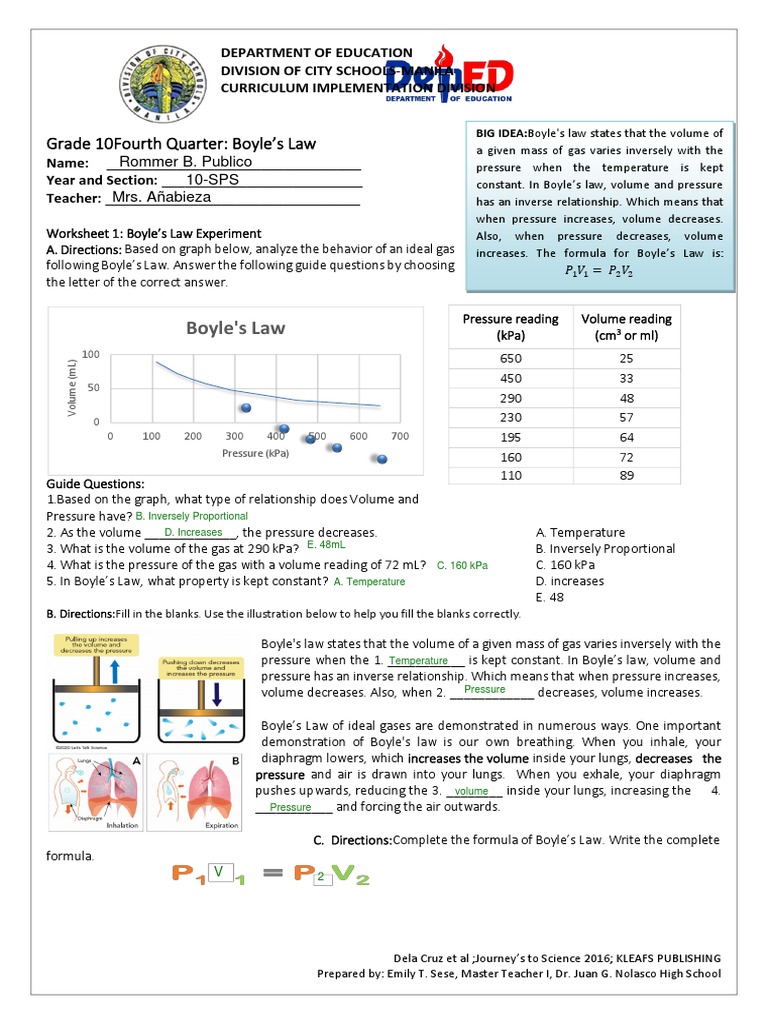 Grade 10fourth Quarter: Boyle's Law | PDF | Gases | Pressure