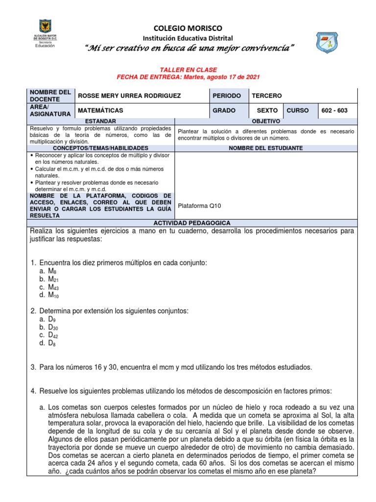 TALLER EN CLASE - MCM y MCD | PDF | Cometa