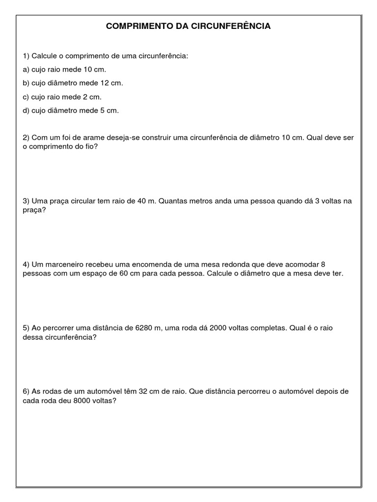 Exercícios sobre Comprimento da Circunferência | PDF