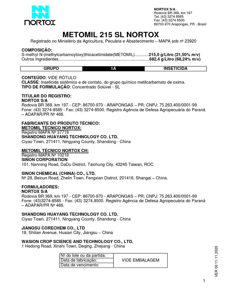 Inseticida Metomil 215 SL Nortox | PDF | Inseticida | Embalagem e rotulagem