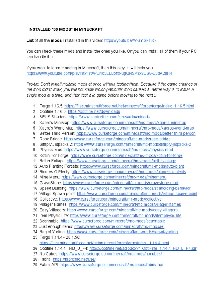 50 Minecraft Mods Installation Pdf Minecraft Video Games