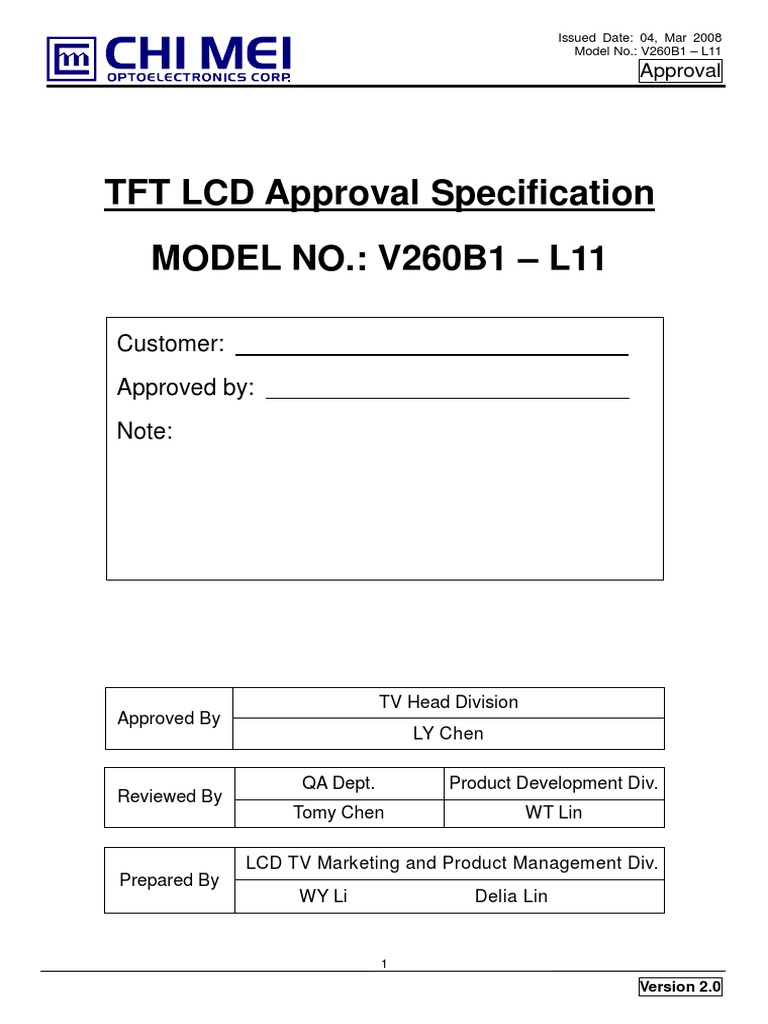 TFT LCD Approval Specification MODEL NO.: V260B1 - L11: Customer ...