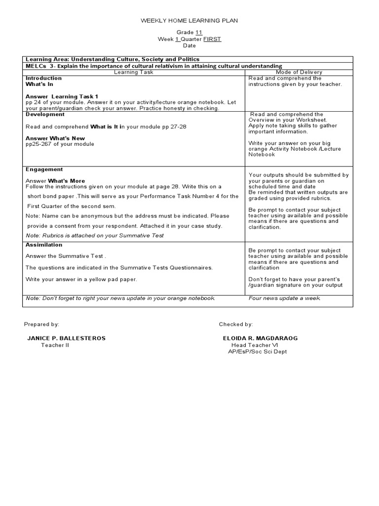 Grade 11 Weekly Learning Plan: Culture | PDF | Teaching | Applied ...