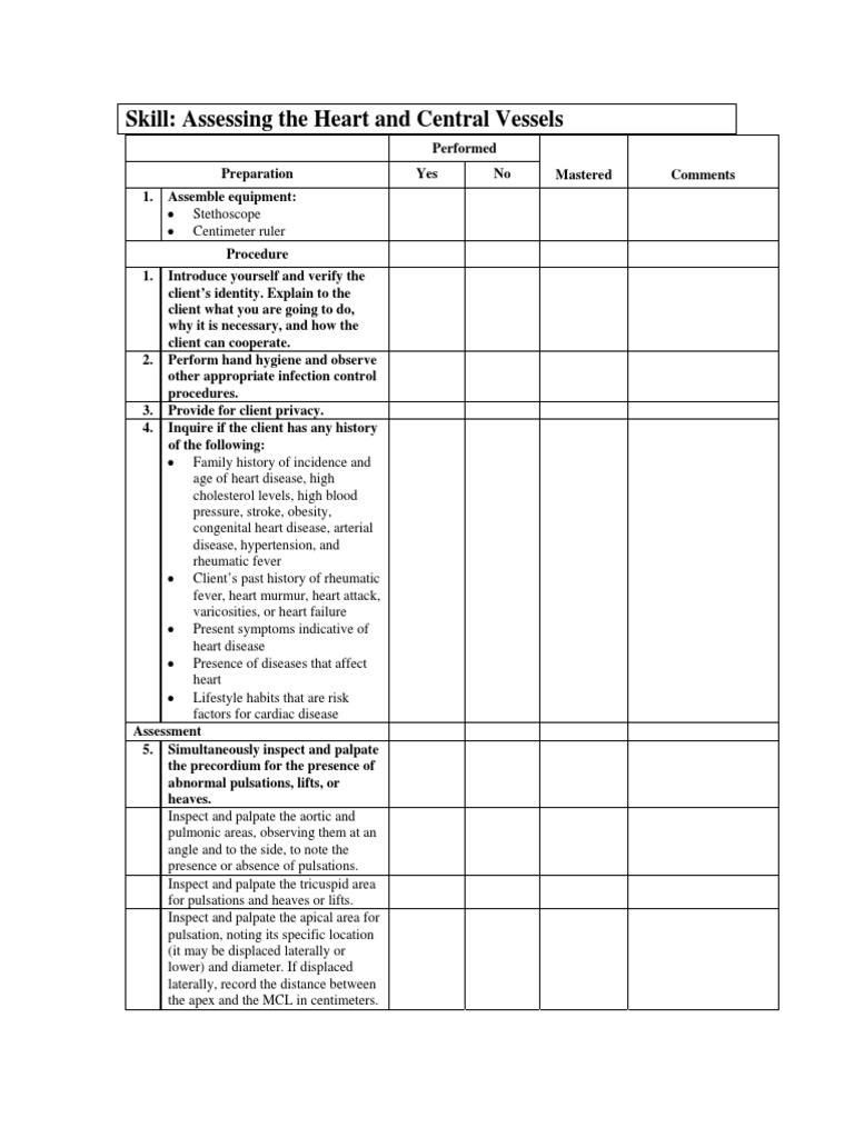 Skill Assessing The Heart And Central Vessels Pdf Heart Pulse