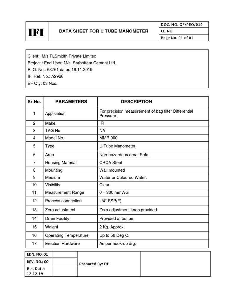 U Tube Manometer Data Sheet | PDF