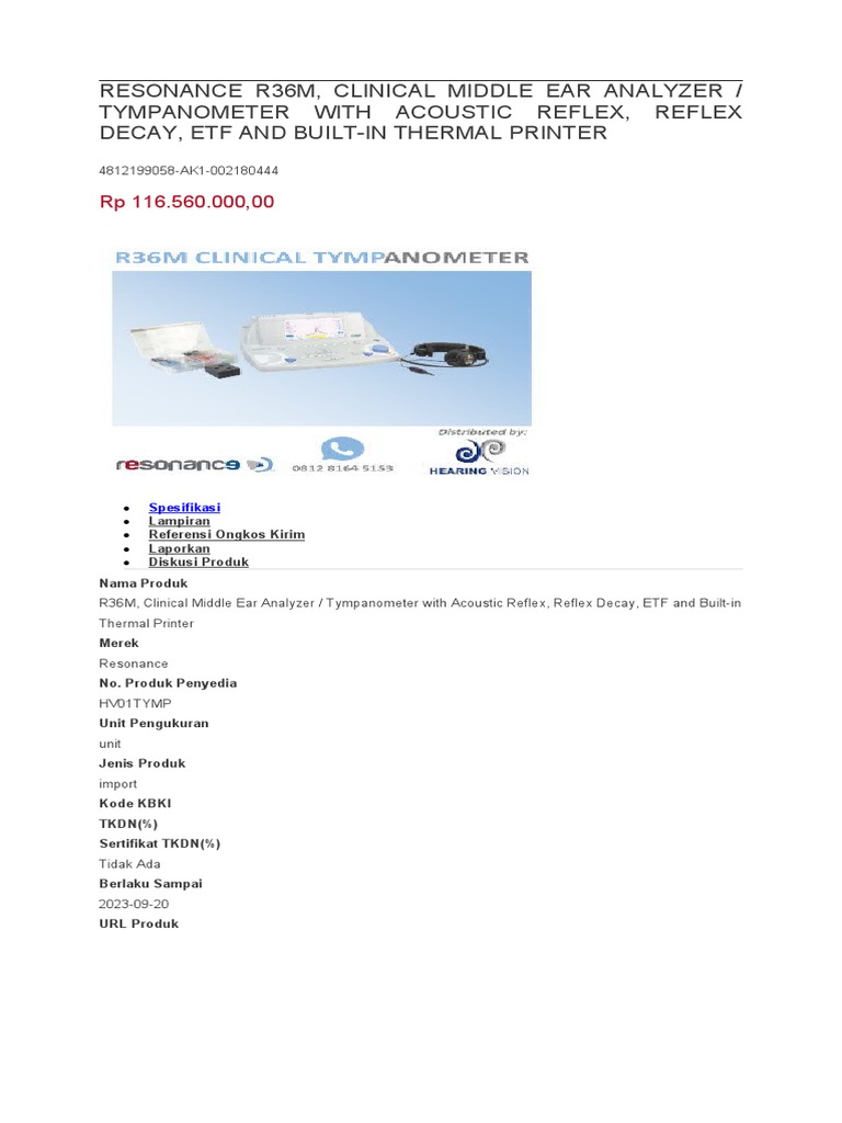 Resonance R36M, Clinical Middle Ear Analyzer / Tympanometer With ...