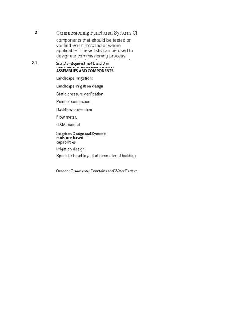 Commissioning Functional Systems Checklists Landscape Irrigation