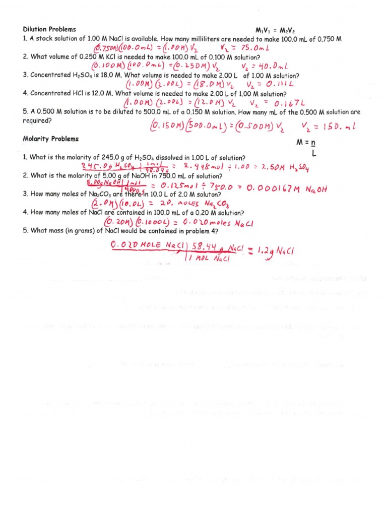Dilutions Molarity Ws KEY PDF