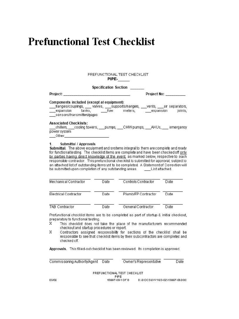 Prefunctional Testing Checklist | PDF | Pipe (Fluid Conveyance ...