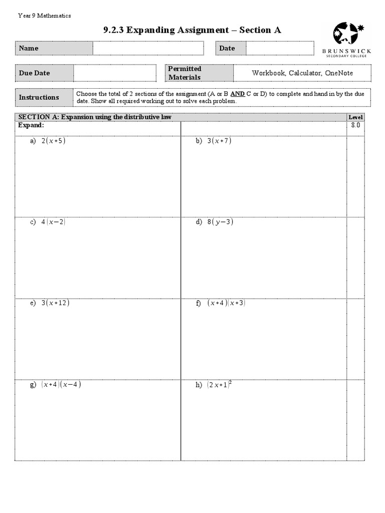 Year 9 Expanding Assignment Guide | PDF | Mathematics