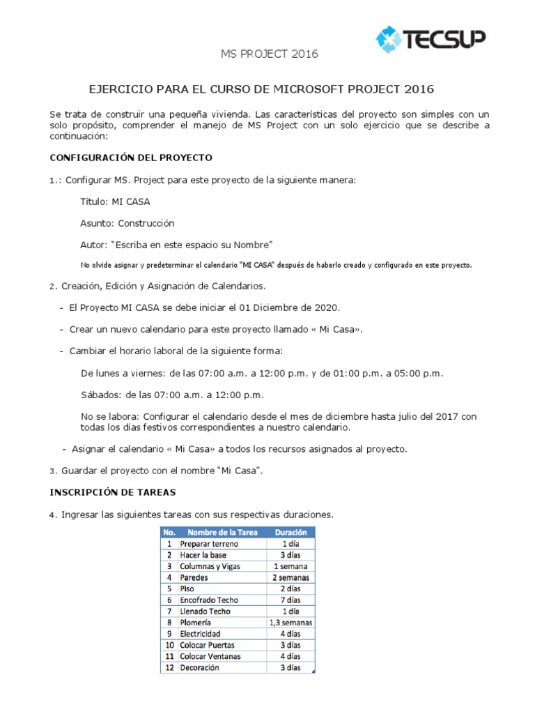 Ejercicio MS Project: Construcción Mi Casa | PDF | Calendario